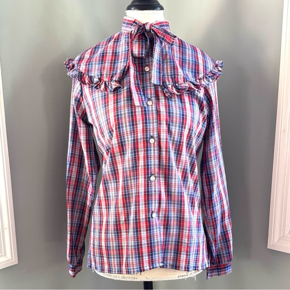 Stuffed Shirt vintage 70’s ruffled  neck tie button down plaid‎ shirt EVC small